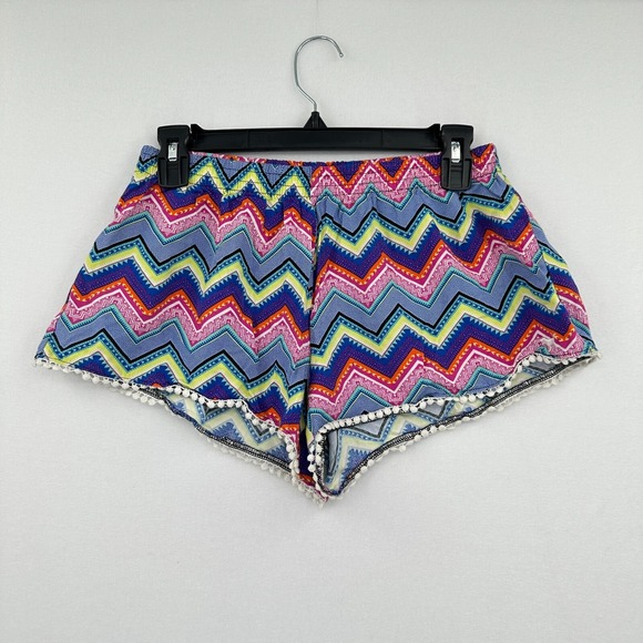 Pink Victoria's Secret Sleep Shorts Womens M Blue Yellow Chevron‎ Crochet Hem - Picture 1 of 7